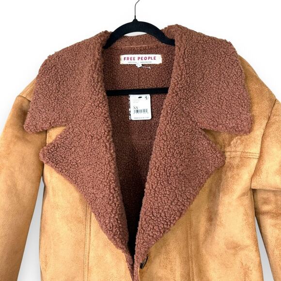 Free People NWT Diogo Toasted Almond Brown Sherpa Faux Suede Relaxed Fit Coat - Picture 4 of 11